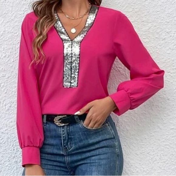 SHEIN Essnce Contrast Sequin V Neck Blouse in Hot Punk..Sz. M..never worn..NWOT. - Picture 3 of 7